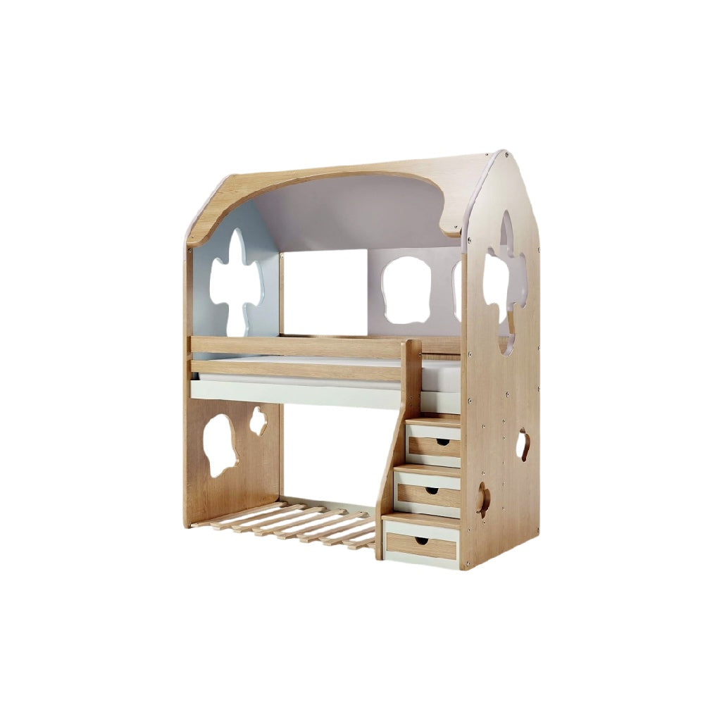 **Technische titel in het Nederlands:** Hoofde bunkbed met trap en houtaccenten