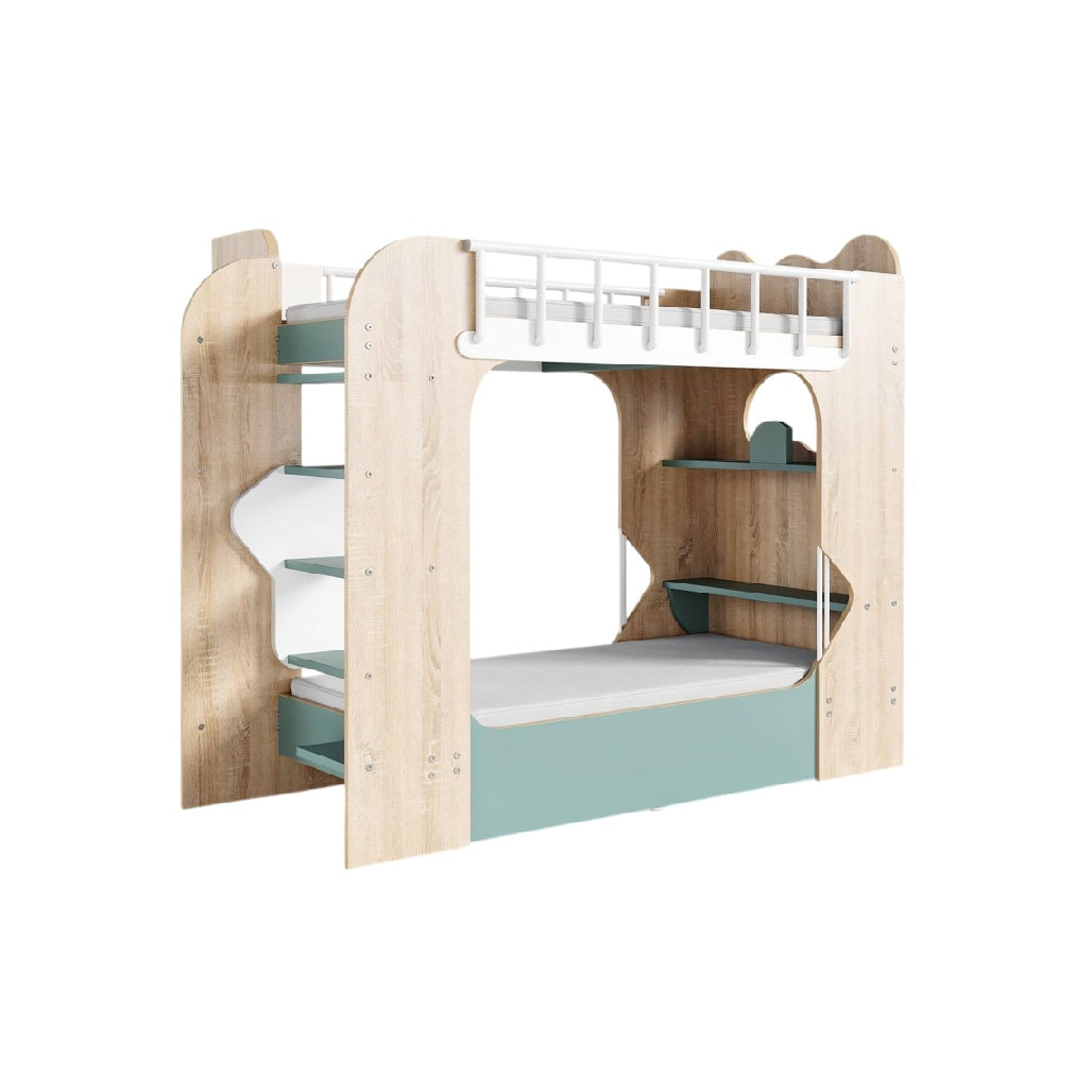 **Technische titel in het Nederlands:** Stapelbed met geïntegreerde opbergruimte en ladder, modern design.