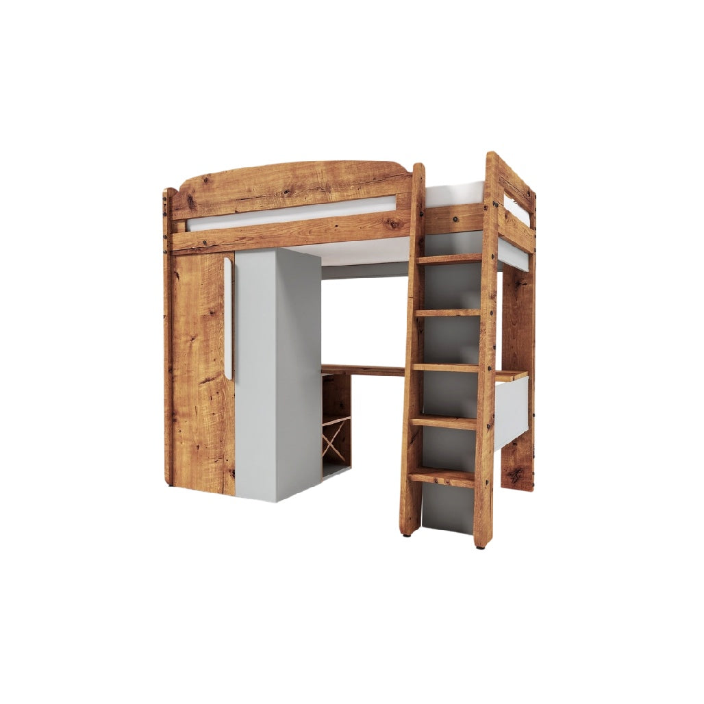 **Technische Titel in het Nederlands:** Hangend bed met bureau en ladder, houten ontwerp